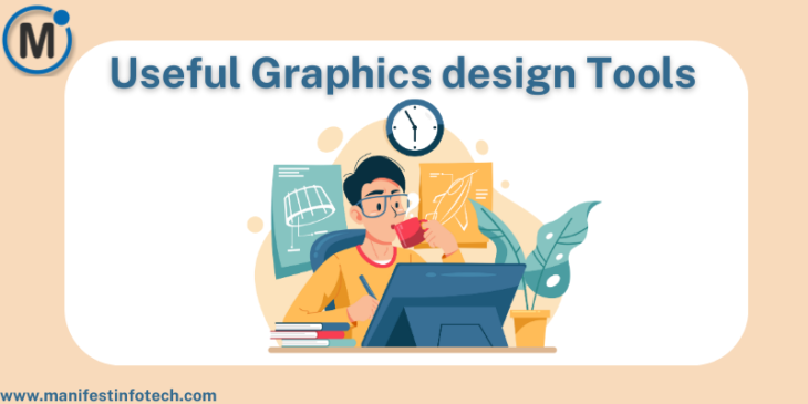 Graphic design tools with icons representing design software, creativity, and collaboration