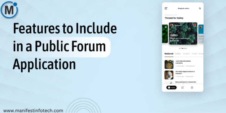 Key features of a public forum app, including user authentication, threads, and moderation tools.