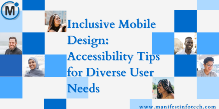 Graphic depicting inclusive mobile design, featuring accessibility icons like voice control, contrast settings, and large text options for diverse user needs.