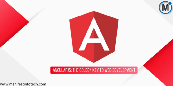 AngularJS logo with the text "AngularJS: The Golden Key to Web Development" on a red and white geometric background.