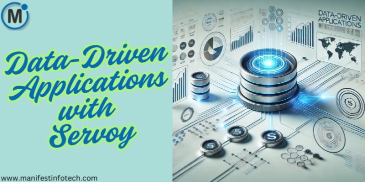 A futuristic digital illustration of data-driven applications with Servoy, featuring a glowing database at the center, interconnected with various data visualization elements on a light background.