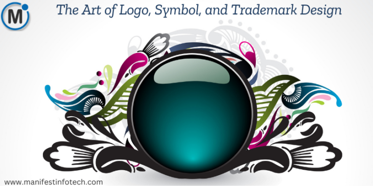 A creative graphic design featuring a glossy teal sphere surrounded by artistic floral and abstract elements, promoting the art of logo, symbol, and trademark design.