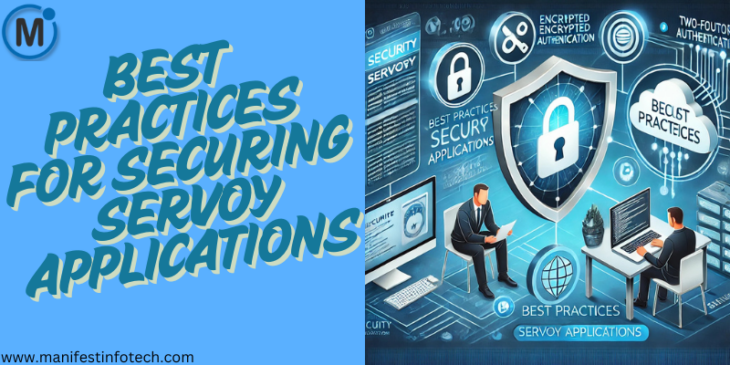 A digital illustration depicting cybersecurity best practices for securing Servoy applications, featuring a shield with a lock, encryption, two-factor authentication, and secure cloud connections.