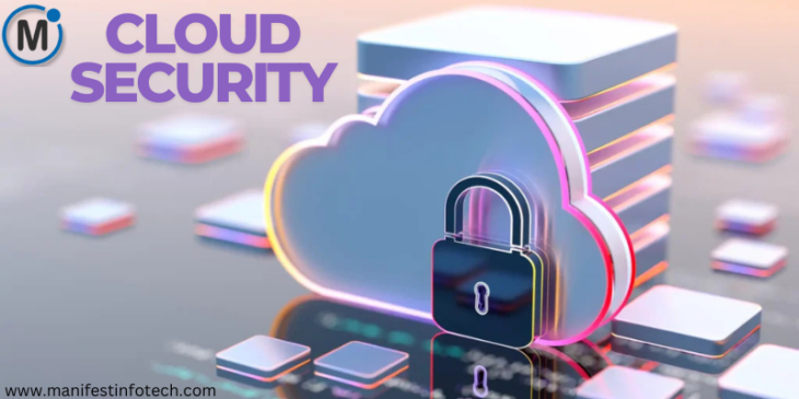 Cloud security concept with a locked cloud and digital infrastructure.