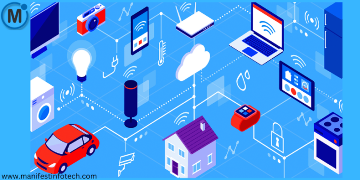 A digital illustration depicting an interconnected network of IoT devices, including smart home appliances, a car, a laptop, a smartphone, and sensors, all linked through a cloud system.