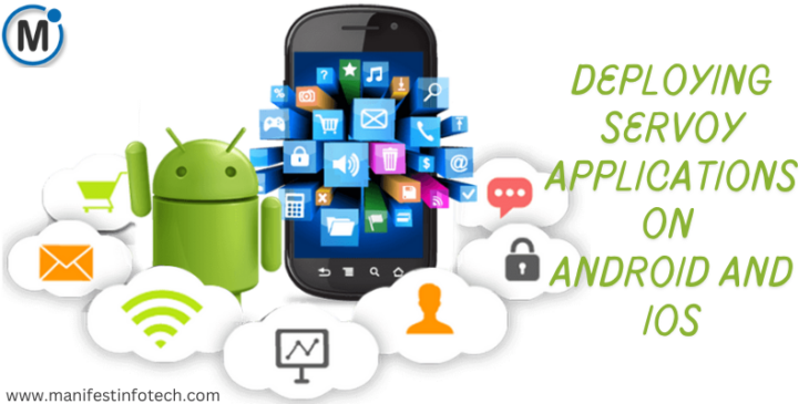 Illustration of a smartphone with app icons emerging from the screen, accompanied by the Android mascot and cloud icons, representing Servoy application deployment on Android and iOS