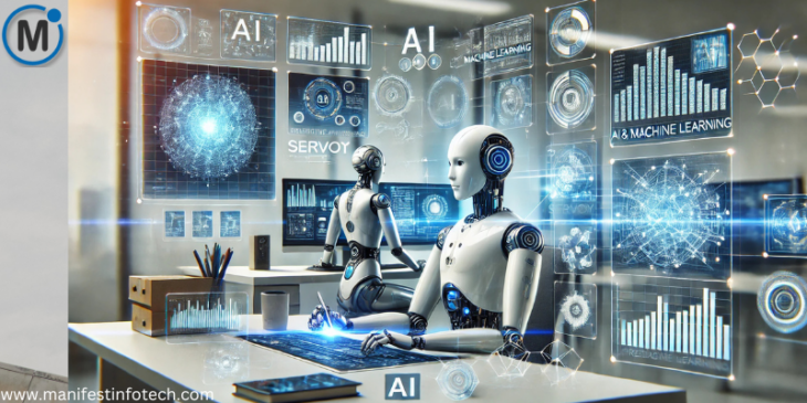 Futuristic AI and machine learning integration with Servoy, featuring robotic assistants, predictive analytics dashboards, and a high-tech digital workspace.