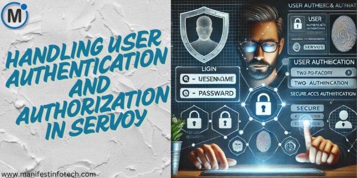 A digital illustration showing a developer managing user authentication and authorization, with login fields, two-factor authentication, and access control elements.