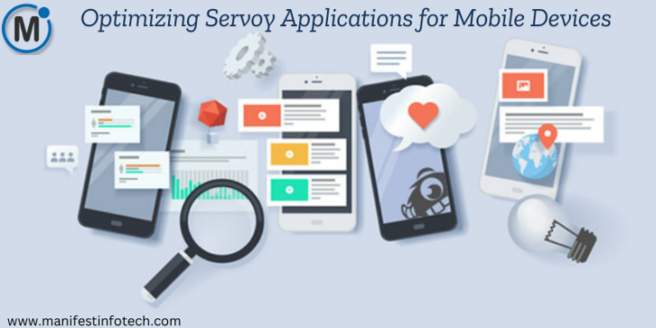 A digital illustration depicting multiple mobile devices with app notifications, chat bubbles, cloud storage, and search icons, representing the optimization of Servoy applications for mobile devices.