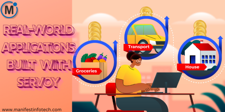 Illustration of a developer working on a laptop, with icons representing real-world applications of Servoy in groceries, transport, and housing