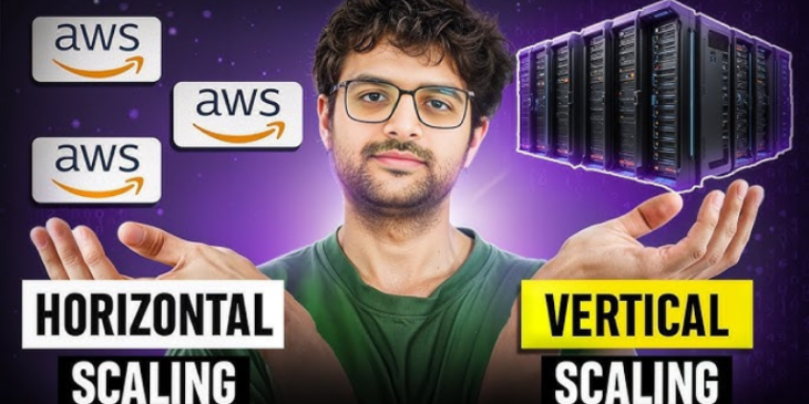 A man in the center with AWS logos on one side and server racks on the other, illustrating horizontal and vertical scaling.