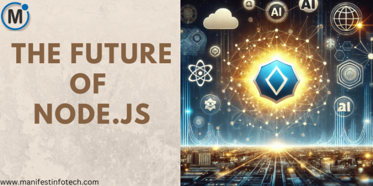 A futuristic digital illustration representing the evolution of Node.js, featuring a glowing Node.js logo surrounded by high-tech elements and data streams.