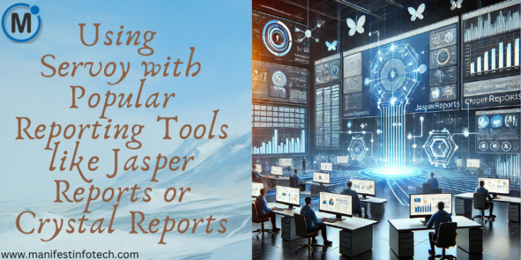 An HD-quality illustration showcasing the integration of Servoy with popular reporting tools like JasperReports and Crystal Reports, featuring dashboards, charts, and data analytics visuals.