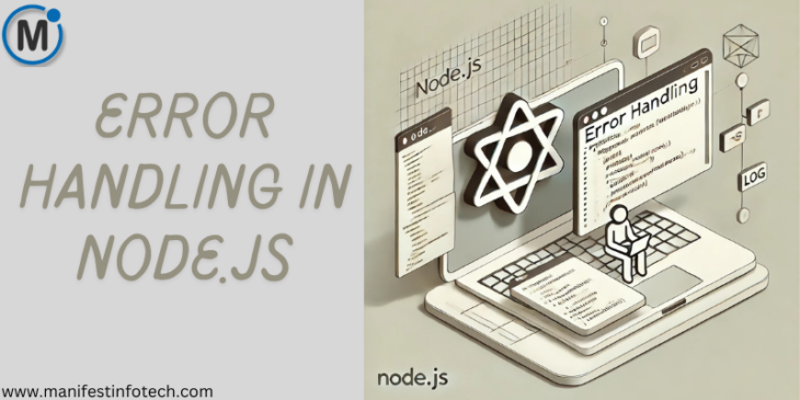 A digital illustration representing error handling in a Node.js application, featuring a Node.js logo, error messages on a screen, a developer debugging code, and a structured log file.