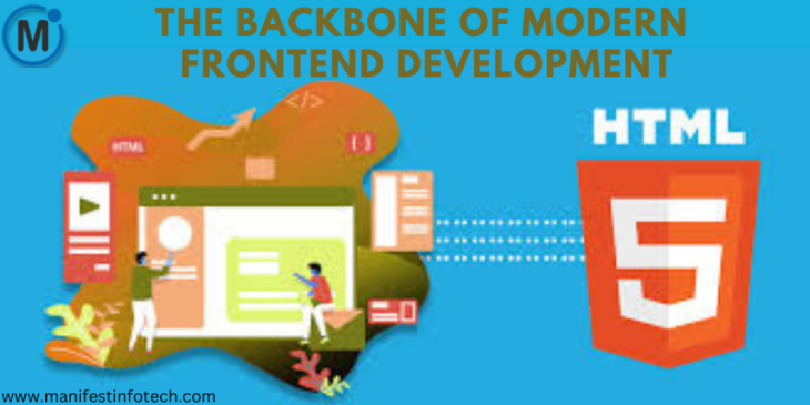 Illustration of HTML5 as the backbone of modern frontend development, showing web design elements and coding interactions.