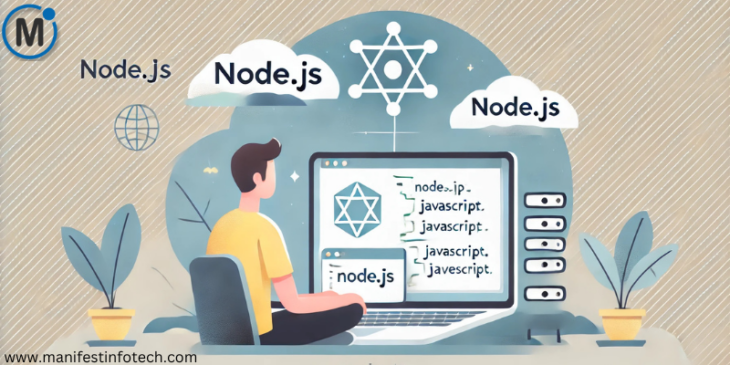 An illustration of a developer working on a laptop, setting up Node.js with JavaScript code on the screen, a server icon, and Node.js branding, with a light background.