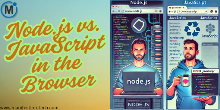 A comparison of Node.js and JavaScript in the browser, showing a developer using both environments.