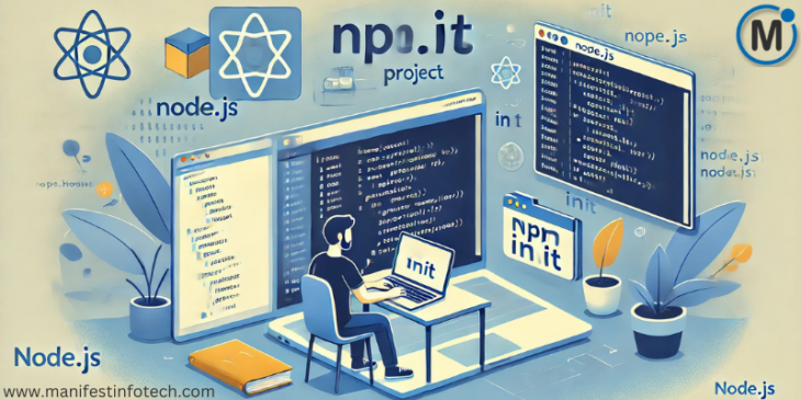 An illustration of a developer setting up a Node.js project, working on a laptop with a terminal showing 'npm init' command. The background includes Node.js branding, a folder structure, and code snippets.