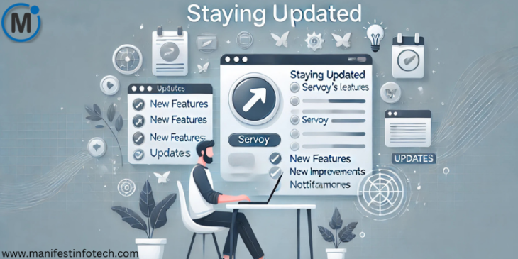 A modern illustration representing staying updated with Servoy's latest features and updates, showing a developer using a laptop with update notifications on the screen.