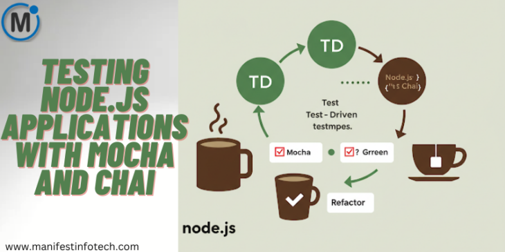 An abstract tech illustration featuring the Node.js logo, a coffee mug for Mocha, and a teacup for Chai, symbolizing unit testing and TDD.