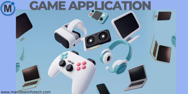 A 3D-rendered image showcasing various gaming devices, including a VR headset, gaming controller, headphones, graphics card, and laptops, floating against a light blue background.