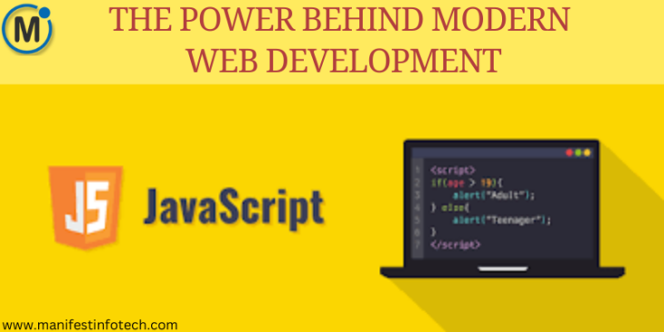 JavaScript logo with a laptop screen displaying JavaScript code, highlighting its role in modern web development