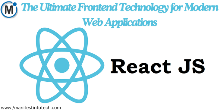 React.js logo with the text "React JS - The Ultimate Frontend Technology for Modern Web Applications