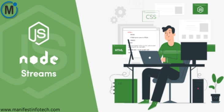 Illustration of a developer working on Node.js streams with coding elements like HTML and CSS displayed on the screen.