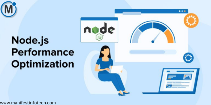 Illustration of a woman working on a laptop with a speedometer graphic and the Node.js logo, representing Node.js performance optimization.