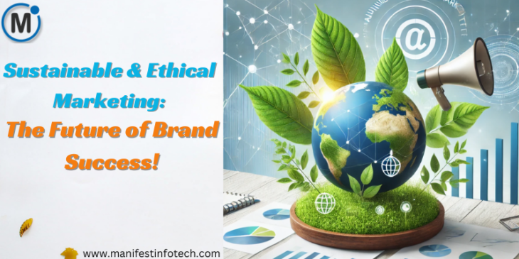 A globe with green leaves, a megaphone, and business charts symbolizing sustainable and ethical marketing.