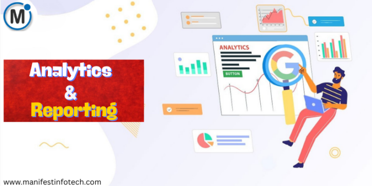 Illustration of a man analyzing charts and graphs on a screen labeled "Analytics" with Google’s logo and visual data elements around him.