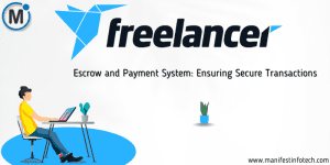 Freelancer escrow and payment system with icons representing secure transactions, payments, and contract management