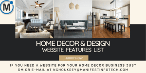 Feature list for a home decor and design website, showcasing design tools, product categories, and user-friendly navigation