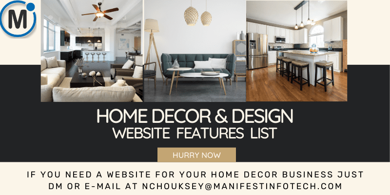 Feature list for a home decor and design website, showcasing design tools, product categories, and user-friendly navigation