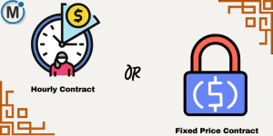 Comparison of hourly and fixed-price payment models with icons representing time and budget