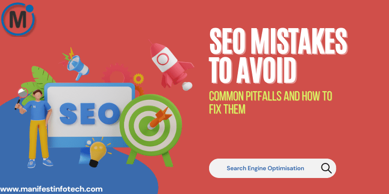 SEO mistakes concept featuring icons like broken links, low rankings, and poor keyword usage