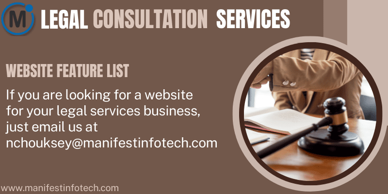 Legal consultation services with icons representing legal advice, attorney consultations, and case management