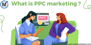 Two women discussing with pen and paper, with a laptop displaying "PPC" in large font on its screen