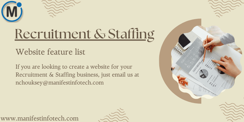 Recruitment and staffing website features, showcasing job listings, candidate profiles, and employer services