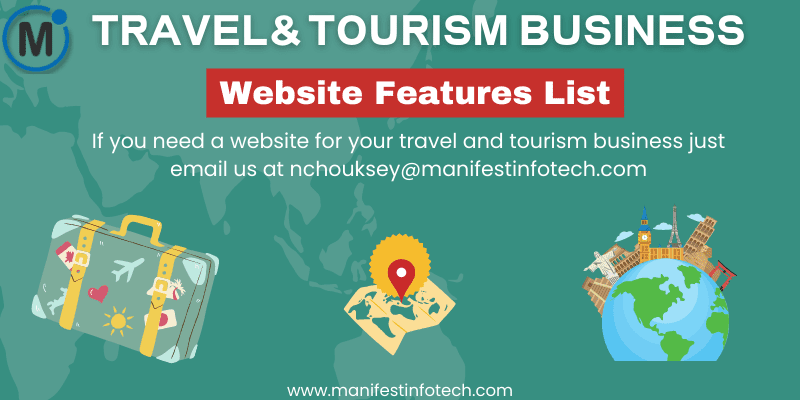 Feature list for a travel and tourism website with icons representing booking, reviews, destination guides, and itineraries
