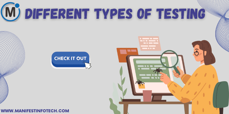 Different types of testing represented by a lady holding a magnifier, inspecting flies displayed on a computer screen