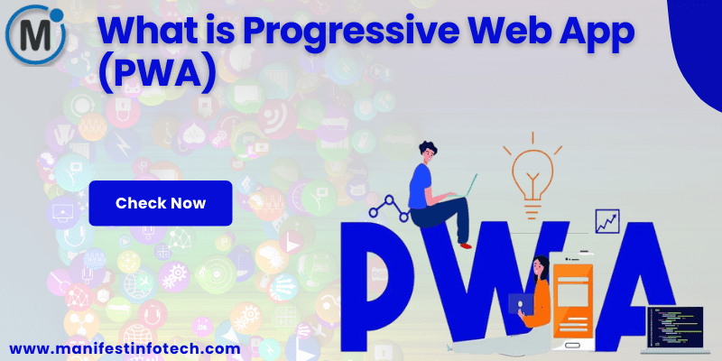 Progressive Web App (PWA) concept, featuring a boy and a girl with a computer, mobile device, electrical signals, and glaring light