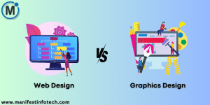 Comparison between web design and graphic design, showcasing their tools, elements, and focus areas