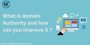 An infographic explaining domain authority with tips for improvement, featuring a website icon and growth indicators