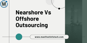 An image comparing nearshore and offshore outsourcing with visual symbols representing geographical locations and business strategies
