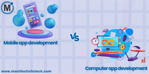 An image comparing mobile app development with computer app development, showing two devices side by side