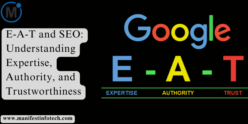 An illustration explaining E-A-T (Expertise, Authority, Trustworthiness) in SEO, showcasing key elements like credibility, content quality, and search engine rankings