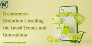 Illustration of e-commerce evolution, featuring a shopping cart, digital devices, and futuristic icons representing trends and innovations.