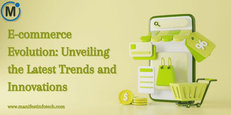 Illustration of e-commerce evolution, featuring a shopping cart, digital devices, and futuristic icons representing trends and innovations.