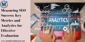 An illustration showing key metrics and analytics tools used to measure SEO success, including traffic data, rankings, and conversion rates